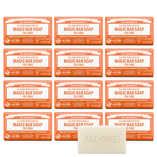 Dr. Bronner's front packaging showing Tea Tree bar benefits and recycled wrapper