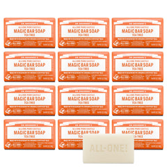 Dr. Bronner's front packaging showing Tea Tree bar benefits and recycled wrapper