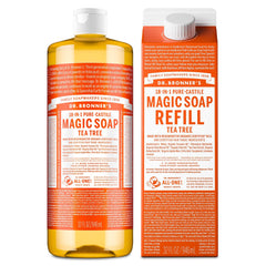 Dr. Bronner's tea tree front bottle showing branding and organic claim for versatile cleaning