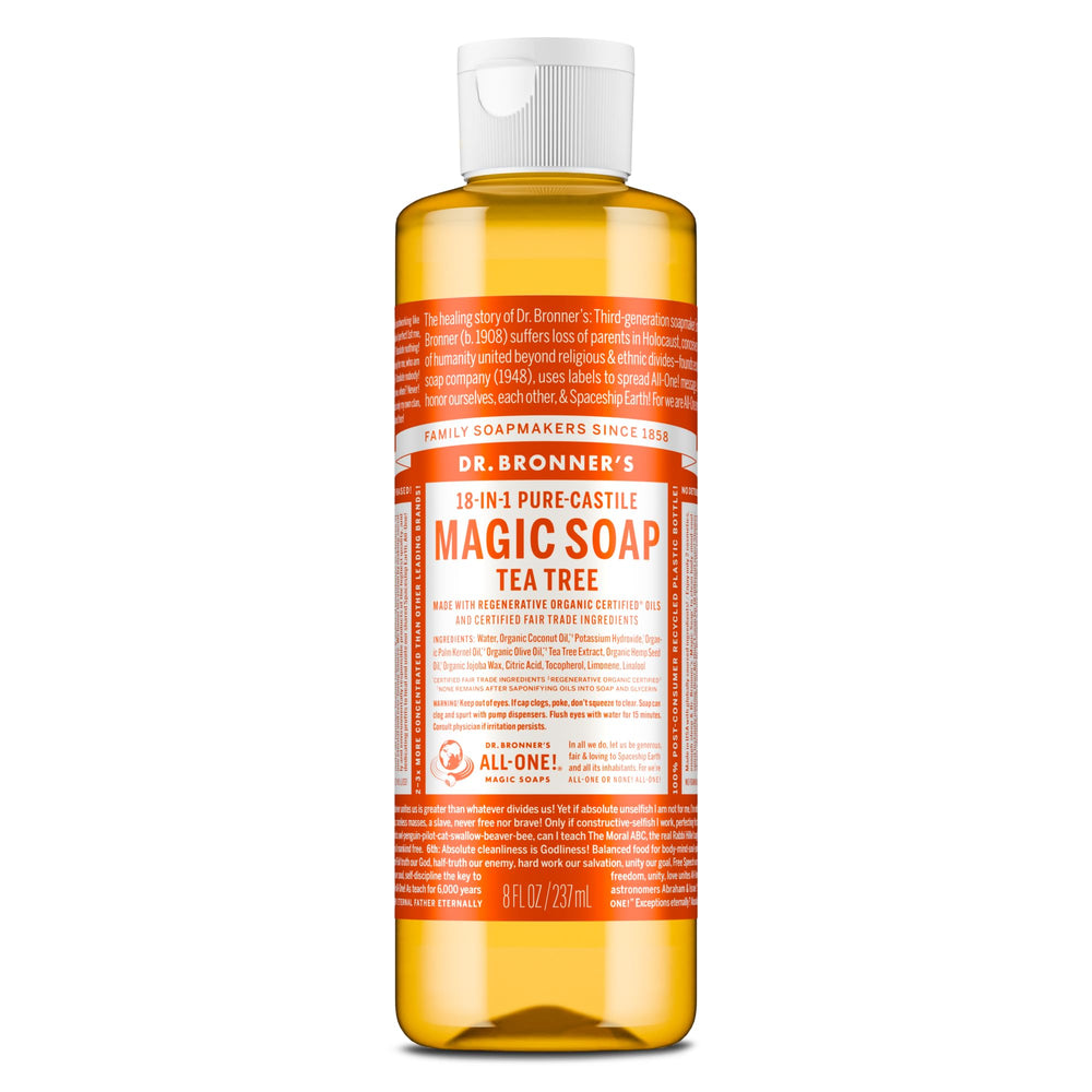 Dr. Bronner's front label showing tea tree 8 oz and organic benefits