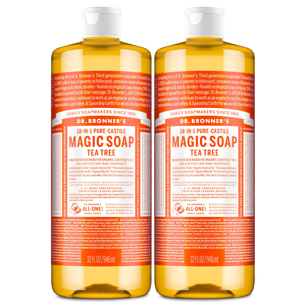 Dr. Bronner's tea tree front packaging shows product and eco credentials