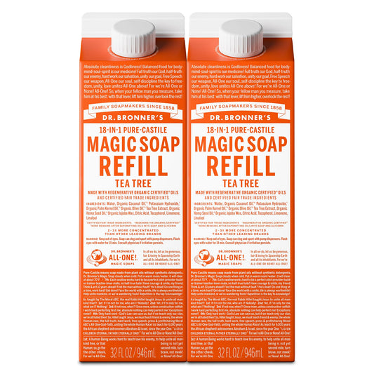 Dr. Bronner's tea tree front packaging shows eco-friendly refill benefits