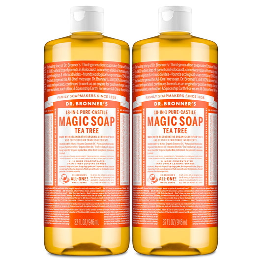 Dr. Bronner's tea tree front packaging shows product and eco credentials