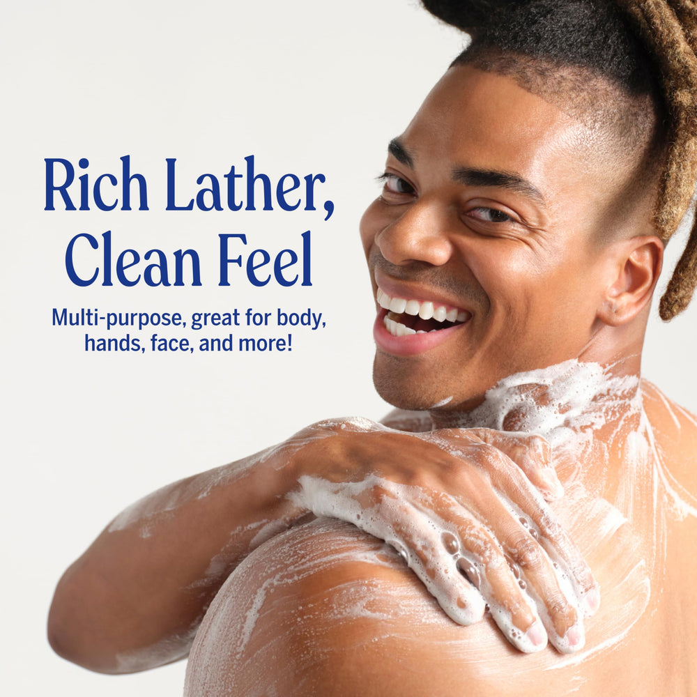 Dr. Bronner's tea tree lather detail showing rich foam and easy rinsing