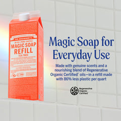 Dr. Bronner's tea tree back label highlights organic ingredients and directions