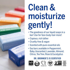 Dr. Bronner's bar producing rich wet lather for effective cleansing