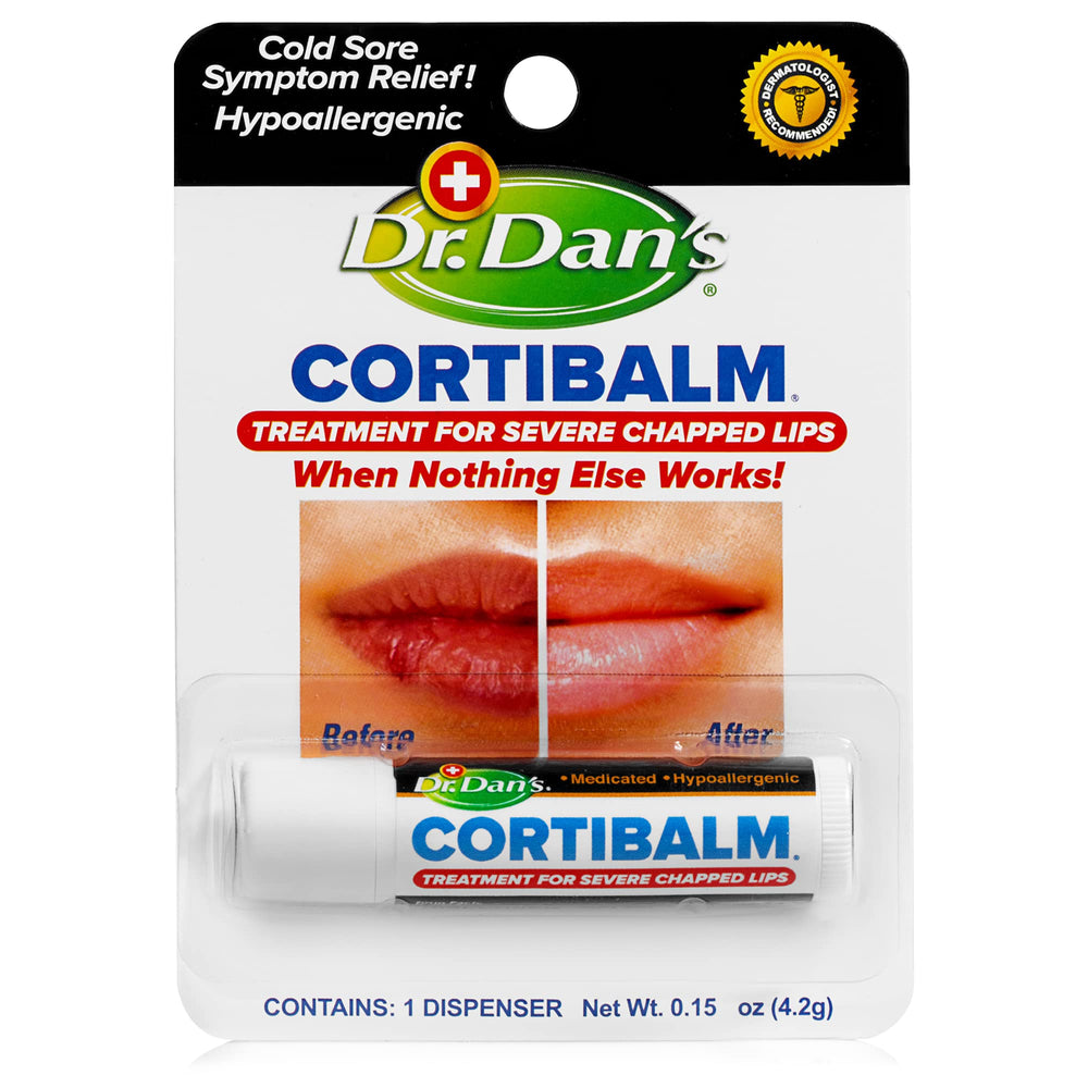 Dr. Dan's front packaging view showing medicated lip balm and clear label benefit