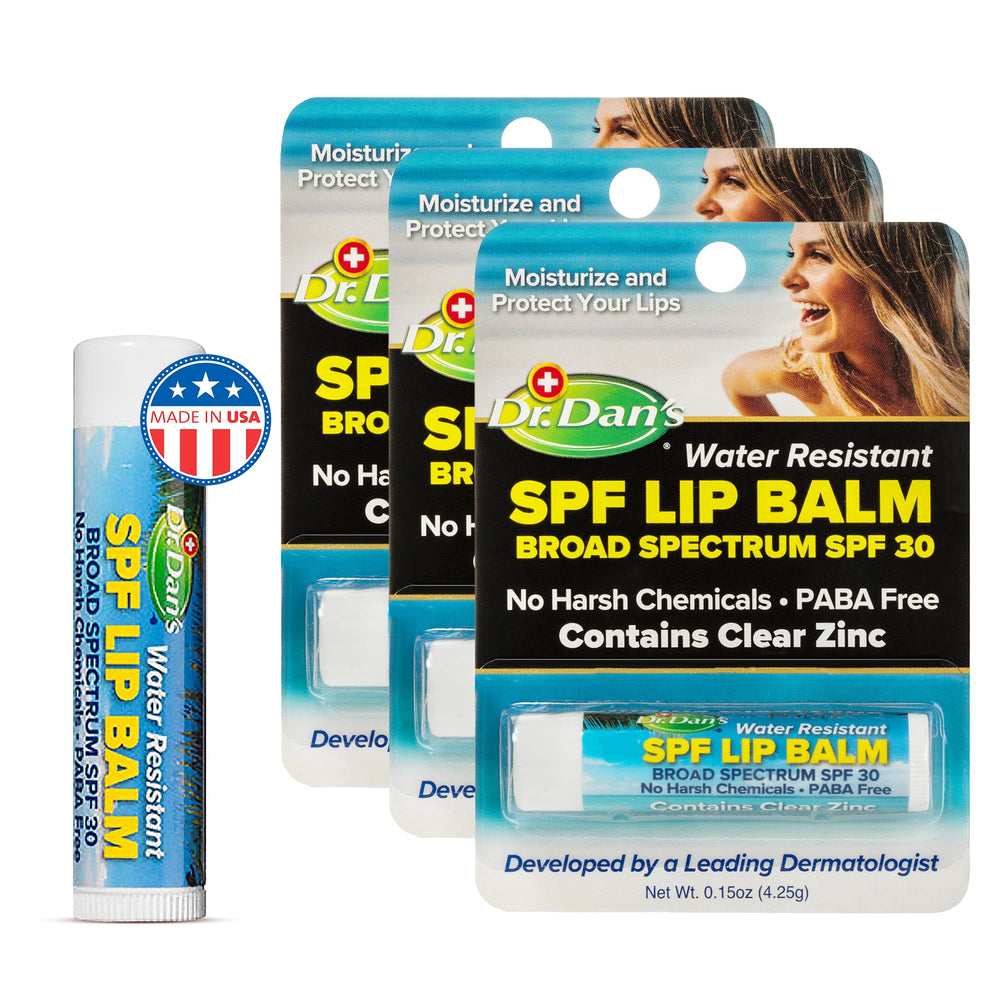 Dr. Dan's front packaging showing three SPF 30 tubes and portability benefit