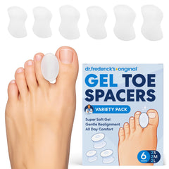 Dr. Frederick's front pack showing gel toe separators and benefits