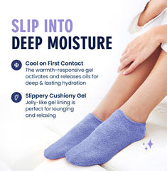 Dr. Frederick's gel socks worn overnight on bed showing no-mess hydration