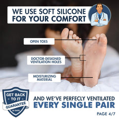 Dr. Frederick's open-toe sock worn on foot showing breathable comfort for overnight use