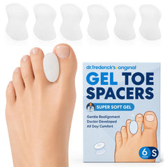 Dr. Frederick's Original front packaging showing six gel toe separators with benefits