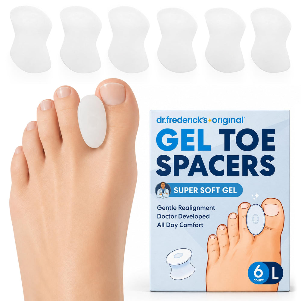 Dr. Frederick's front packaging showing 6-count gel toe separators and product benefit