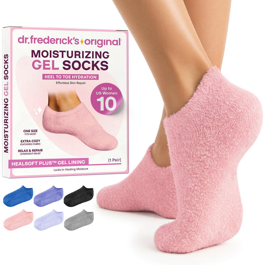 Dr. Frederick's front view of plush gel socks showing cozy exterior and brand comfort