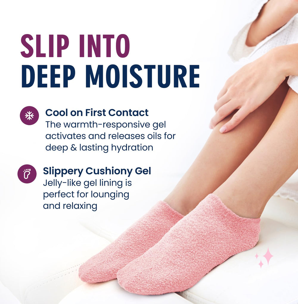 Dr. Frederick's woman wearing gel socks at home illustrating soothing foot hydration