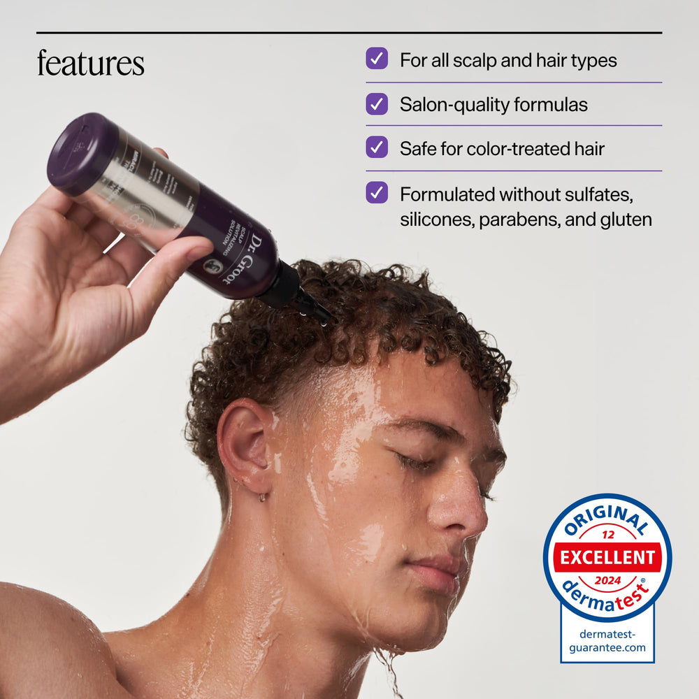 Dr. Groot bottle beside shampoo showing compact size and routine benefit