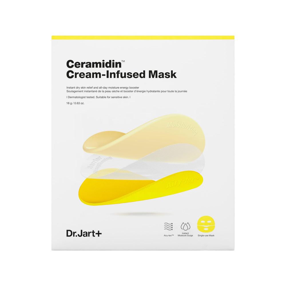 Dr.Jart+ front packaging of the Ceramidin cream-infused sheet mask showing product name and travel size benefit