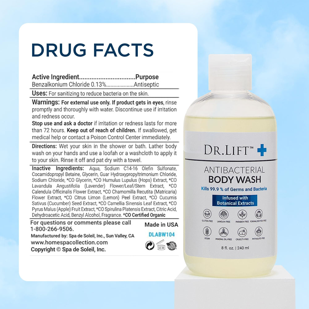 DR. LIFT bottle next to a ruler displaying 8 fl oz size and travel-friendly benefit