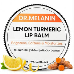 Dr. Melanin tin front view showing clean natural lip balm branding and brightening benefit