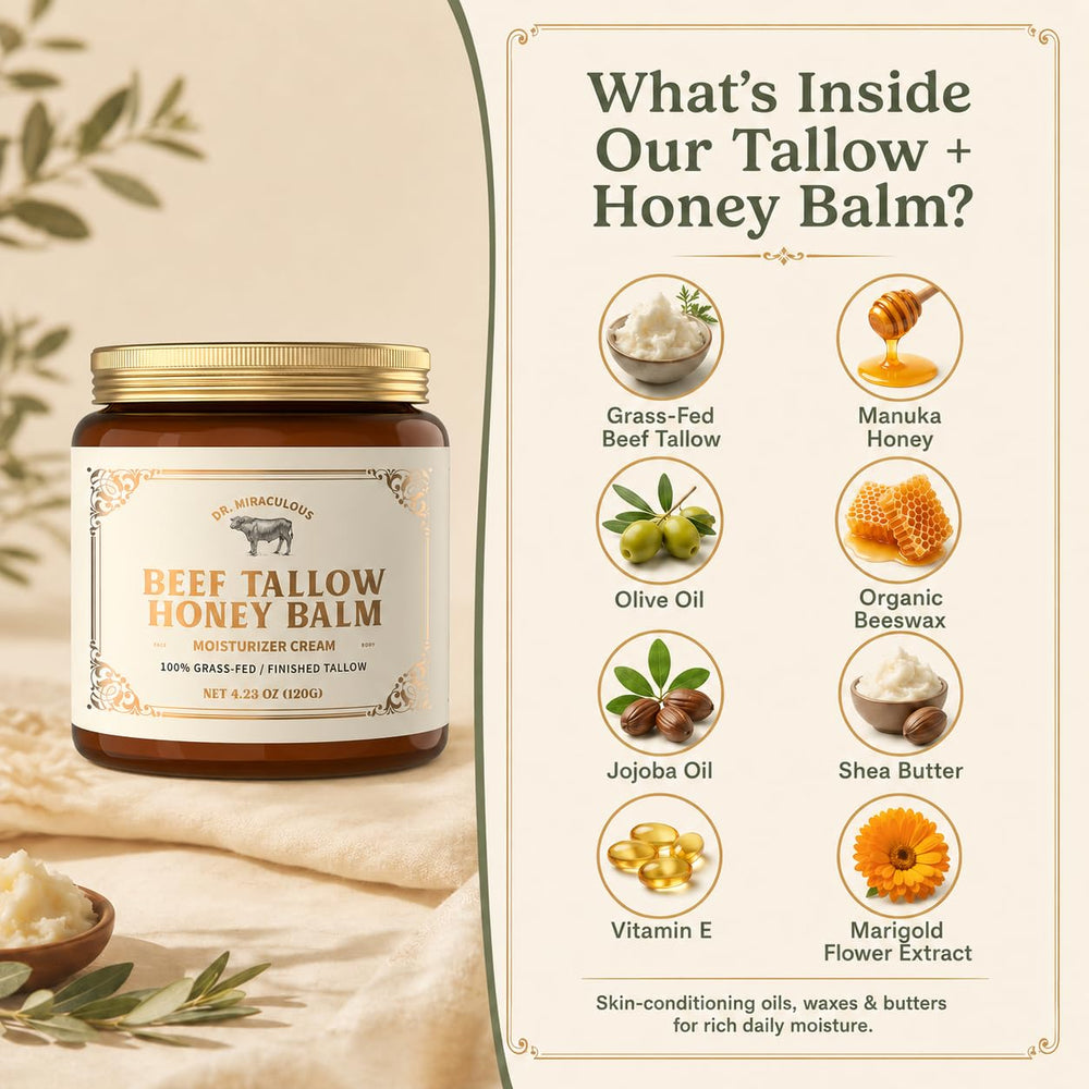 Dr. Miraculous ingredients honey beeswax and tallow highlighting natural formulation