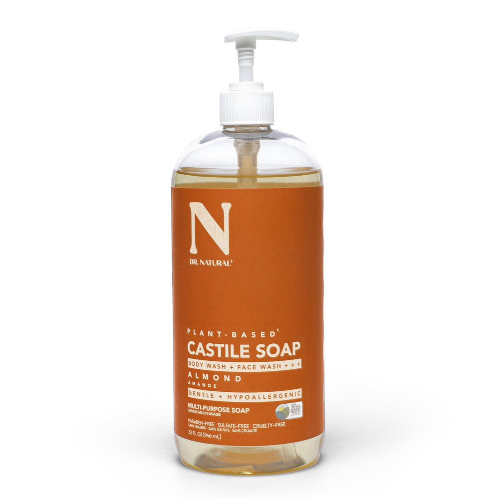 Dr. Natural front bottle view showing almond scent and 32 oz size, practical storage benefit