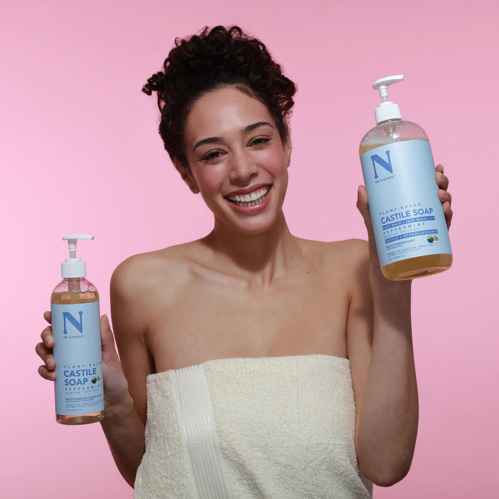 Dr. Natural diluted in spray bottle cleaning kitchen counter showing versatility benefit