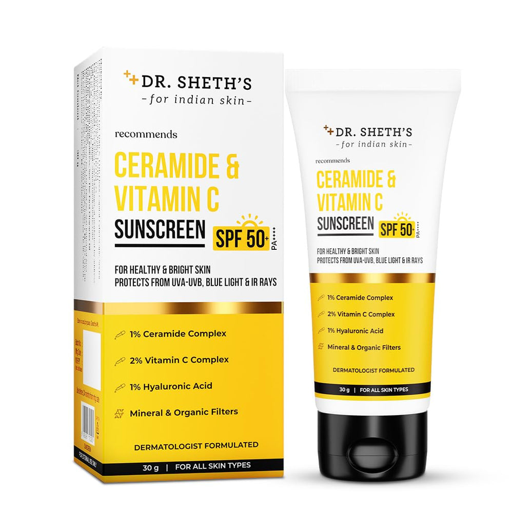 Dr. Sheth's front packaging showing SPF 50+ protection and benefits