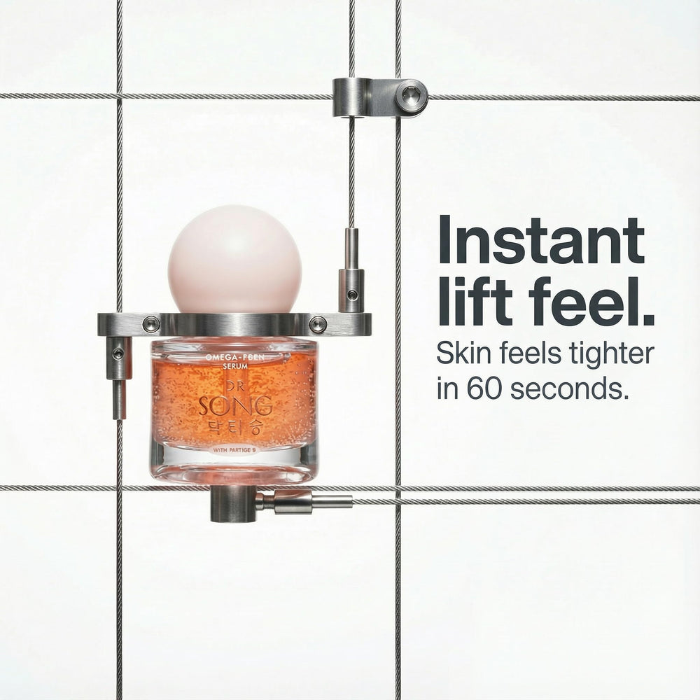 Dr Song serum on bathroom vanity with towels, signaling daily routine convenience benefit