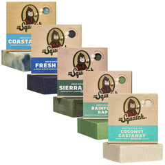 Dr. Squatch five-pack front view showing all scent bars and bright packaging benefit shower variety