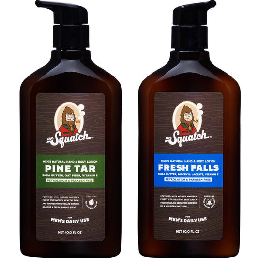 Dr. Squatch front bottle Pine Tar showing label and clear product benefit