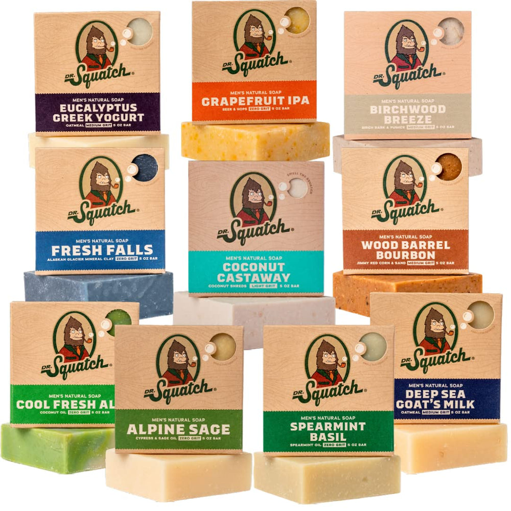 Dr. Squatch front packaging showing 10-pack and scent variety for easy gifting