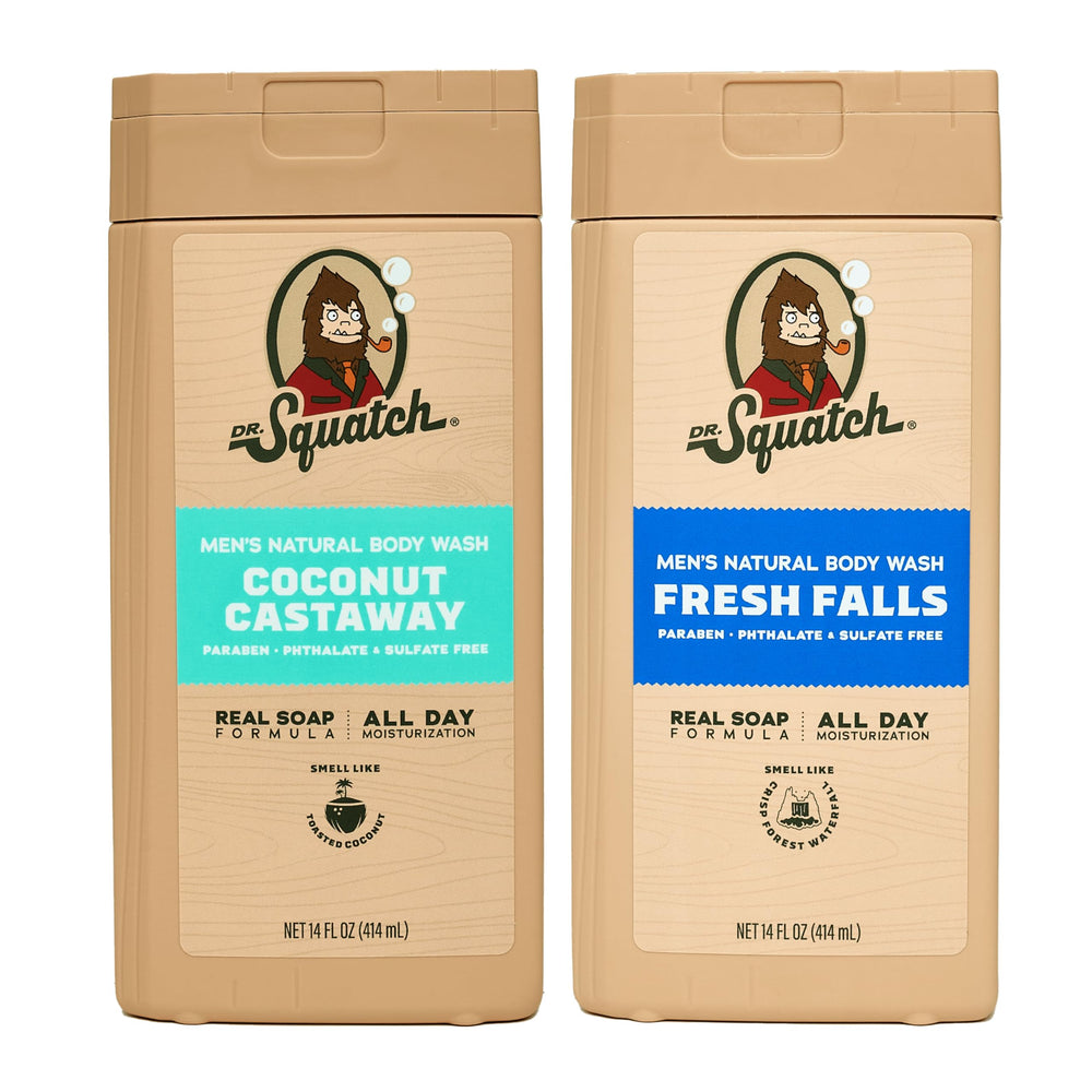 Dr. Squatch front packaging showing two 14 oz bottles and benefits
