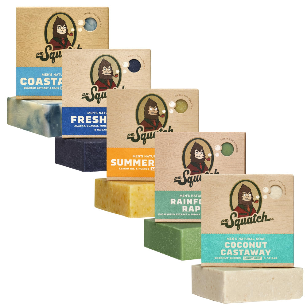 Dr. Squatch front packaging showing five assorted scent bars for variety