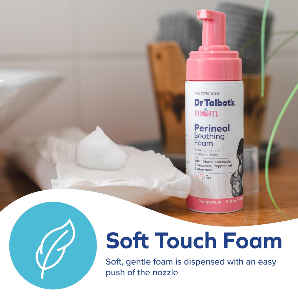 Dr. Talbot's Mom foam being applied demonstrating perineal comfort and easy use