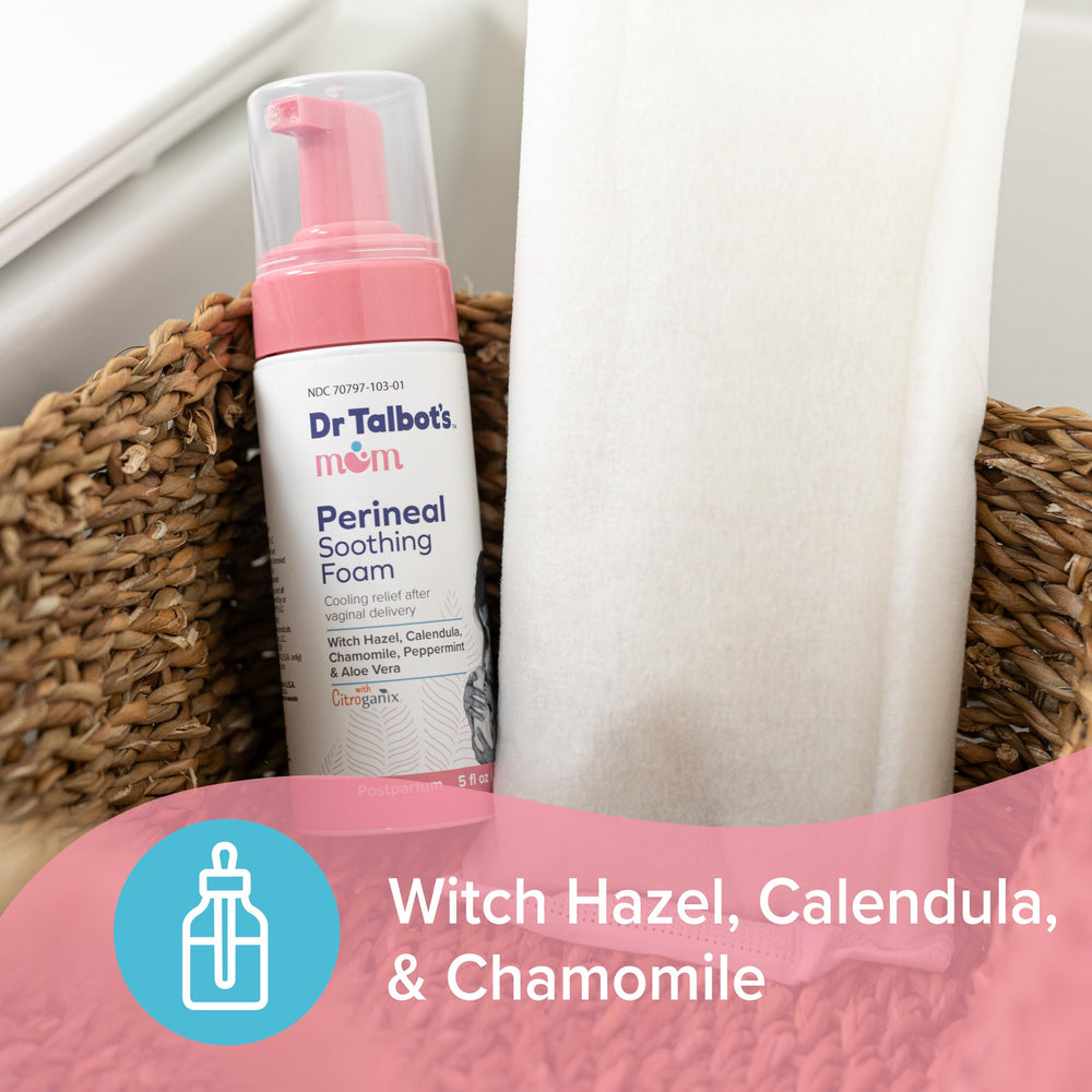 Dr. Talbot's Mom 5 fl oz bottle in hand showing travel-friendly postpartum relief