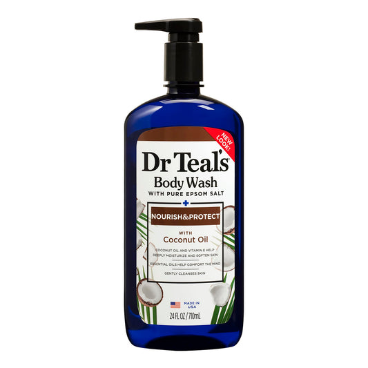 Dr Teal's front label showing product benefits and coconut scent