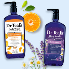 Dr Teal's bottles staged in bathroom setting suggesting daily shower routine benefit