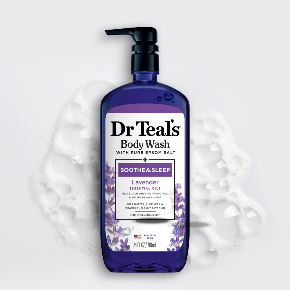 Dr Teal's bottles styled on bath shelf showing dual-scent convenience benefit