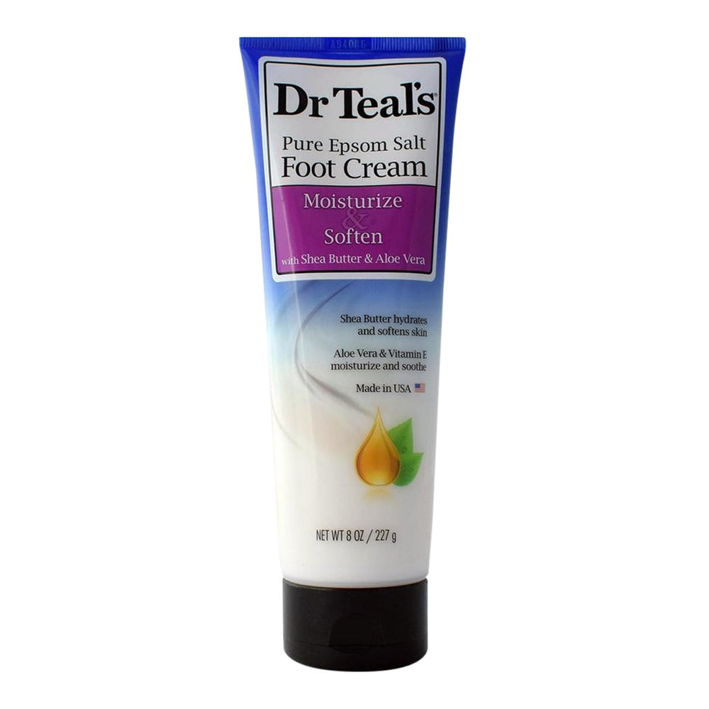 Dr Teal's foot cream front tube showing label and 8 oz size for intensified hydration