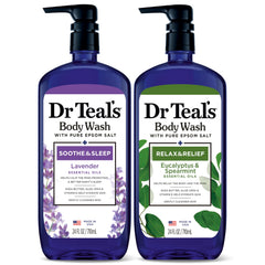 Dr Teal's front packaging duo showing two bottles and spa feel benefit