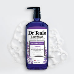 Dr Teal's bottle in an evening shower scene creating a calming routine