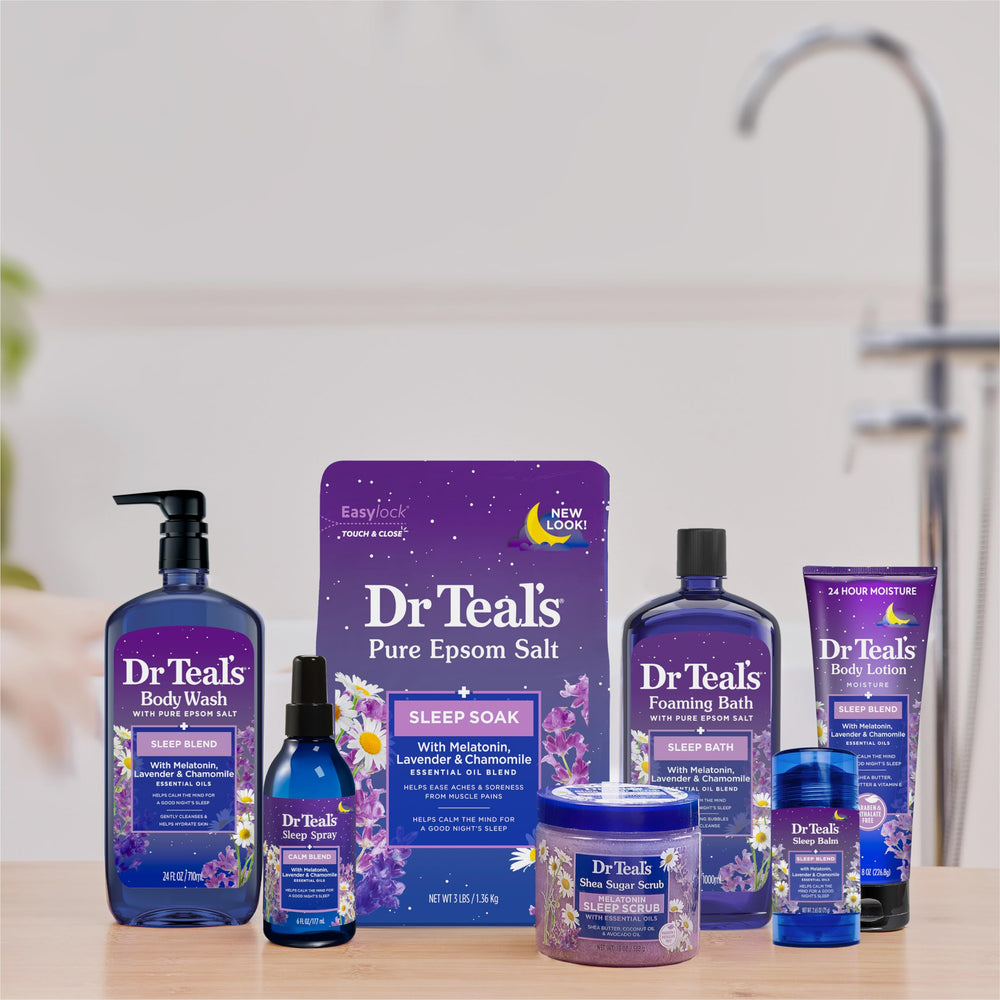 Dr Teal's bottle in an evening bathroom setting promoting a relaxed routine