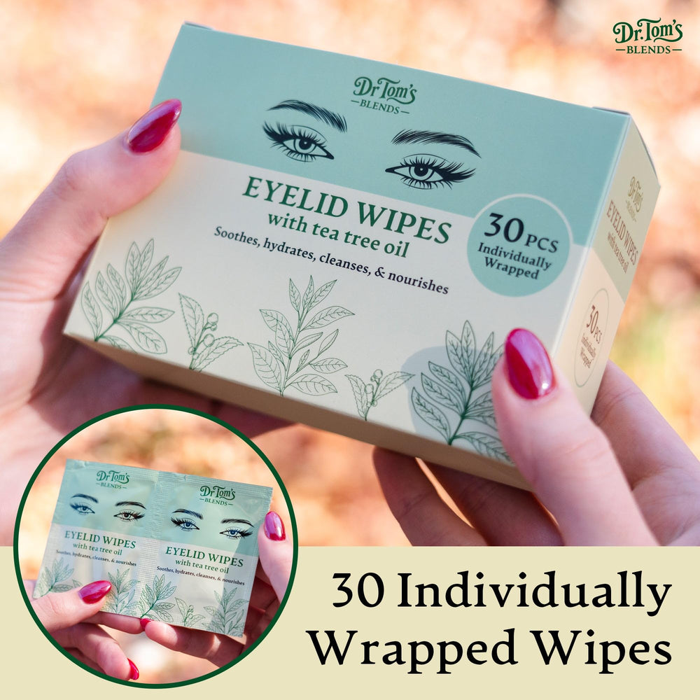 Dr. Tom's Blends wipe in use cleaning eyelid for instant relief