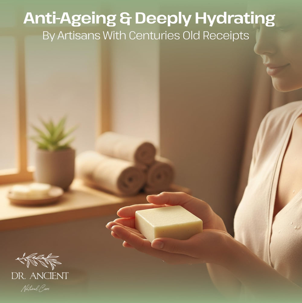 Dr.Ancient soap lather in hand demonstrating moisturizing foam benefit