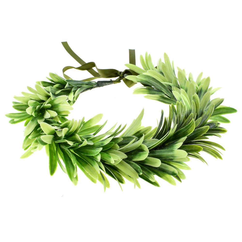DreamLily green bridal crown front view enhances boho bridal look