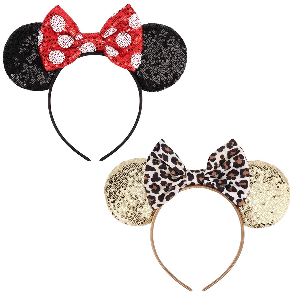 DRESHOW front view of glitter mouse ears headband showing bold sequin shine and bow benefit