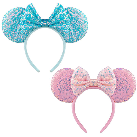 DRESHOW front view of glitter mouse ears headbands showing bold bow benefit