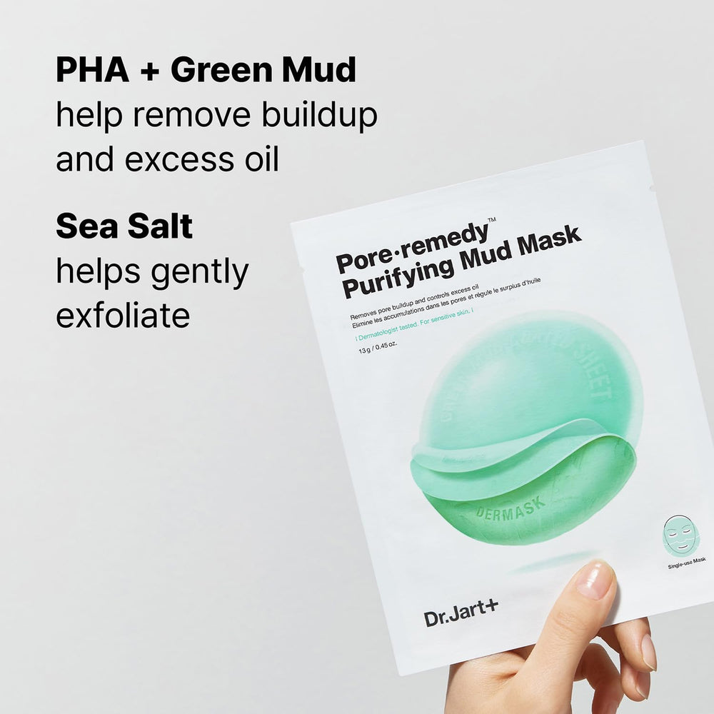 Dr.Jart+ model wearing the mud-coated sheet mask for mess-free treatment