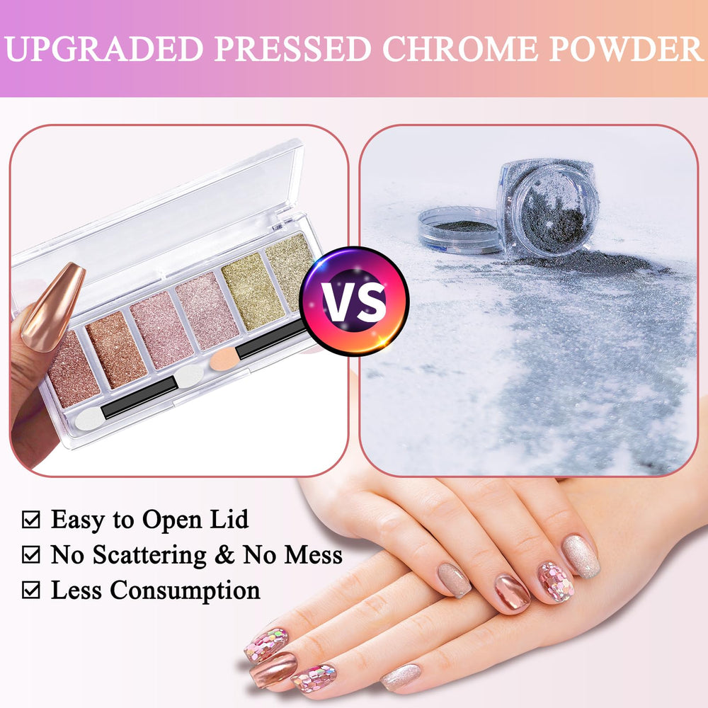 DRMODE chrome pigment on black gel nails demonstrating intense mirror reflection benefit