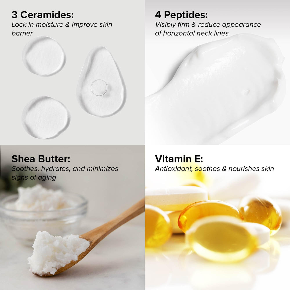 DRMTLGY ingredients flatlay highlighting peptides, ceramides and Vitamin E benefits